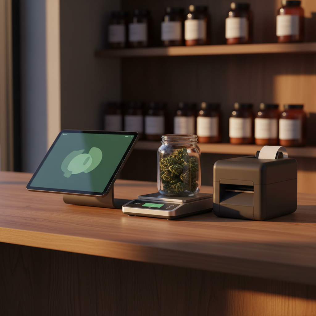 A modern dispensary counter with a tablet POS glowing jade-green, a precision Bluetooth scale with a jar of cannabis flower, and a compact thermal label printer at golden hour