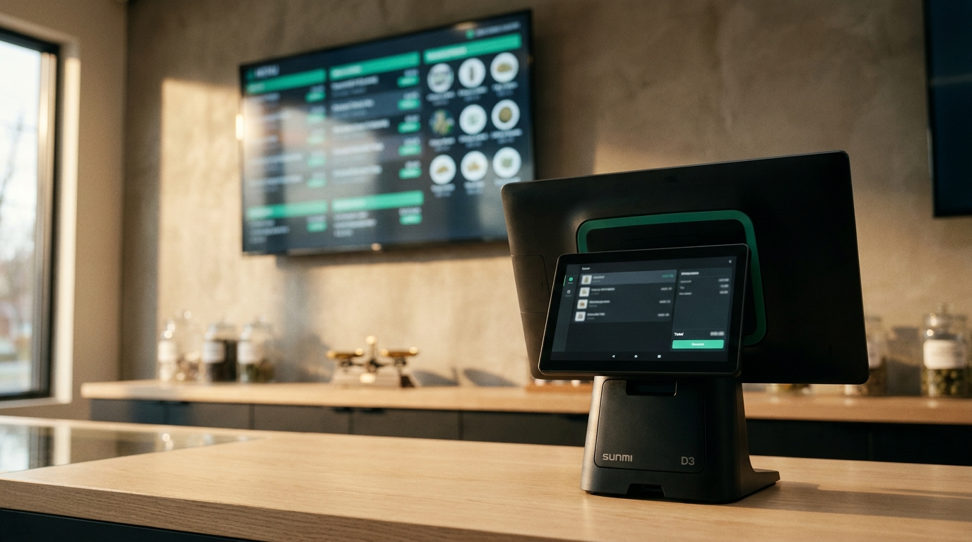 Un terminal de caisse SUNMI D3 à double écran sur un comptoir de dispensaire en chêne clair, avec une TV murale affichant en arrière-plan un tableau de menu numérique en direct