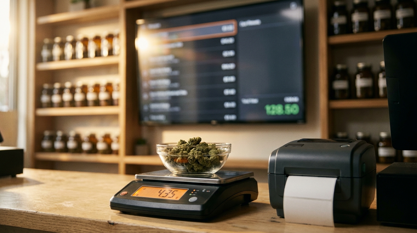 Une balance de précision de comptoir affichant 4,35 grammes avec de la fleur de cannabis dans un plat en verre, une imprimante d’étiquettes à côté, et une TV murale floue en arrière-plan affichant une liste de commande en direct avec un total cumulé en vert jade
