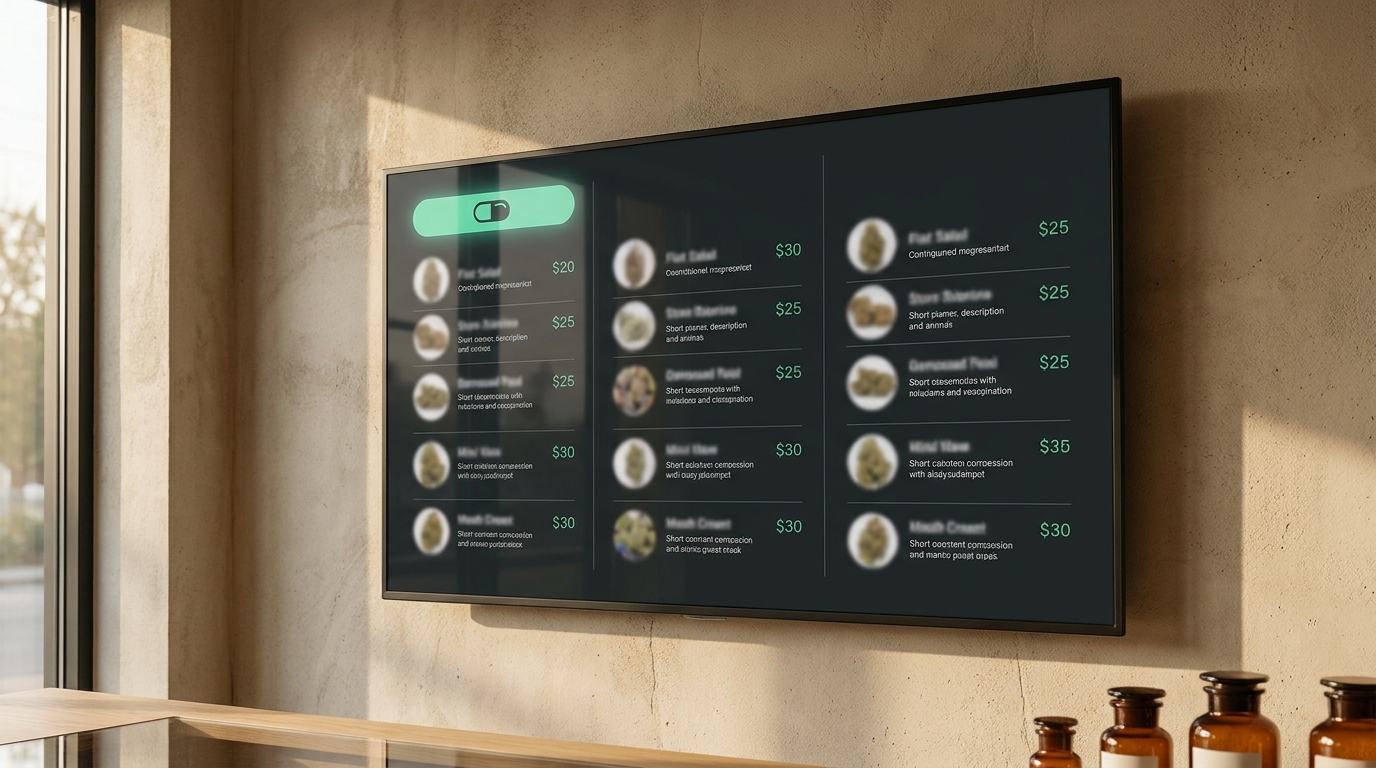 Une TV murale dans un dispensaire affichant un tableau de menu numérique sombre avec trois colonnes de produits, des photos de produits circulaires et des prix en vert jade
