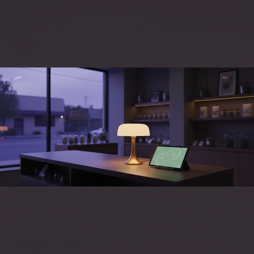 A quiet dispensary after closing, lit by a single warm lamp on an empty counter, with a tablet glowing softly on standby beside it
