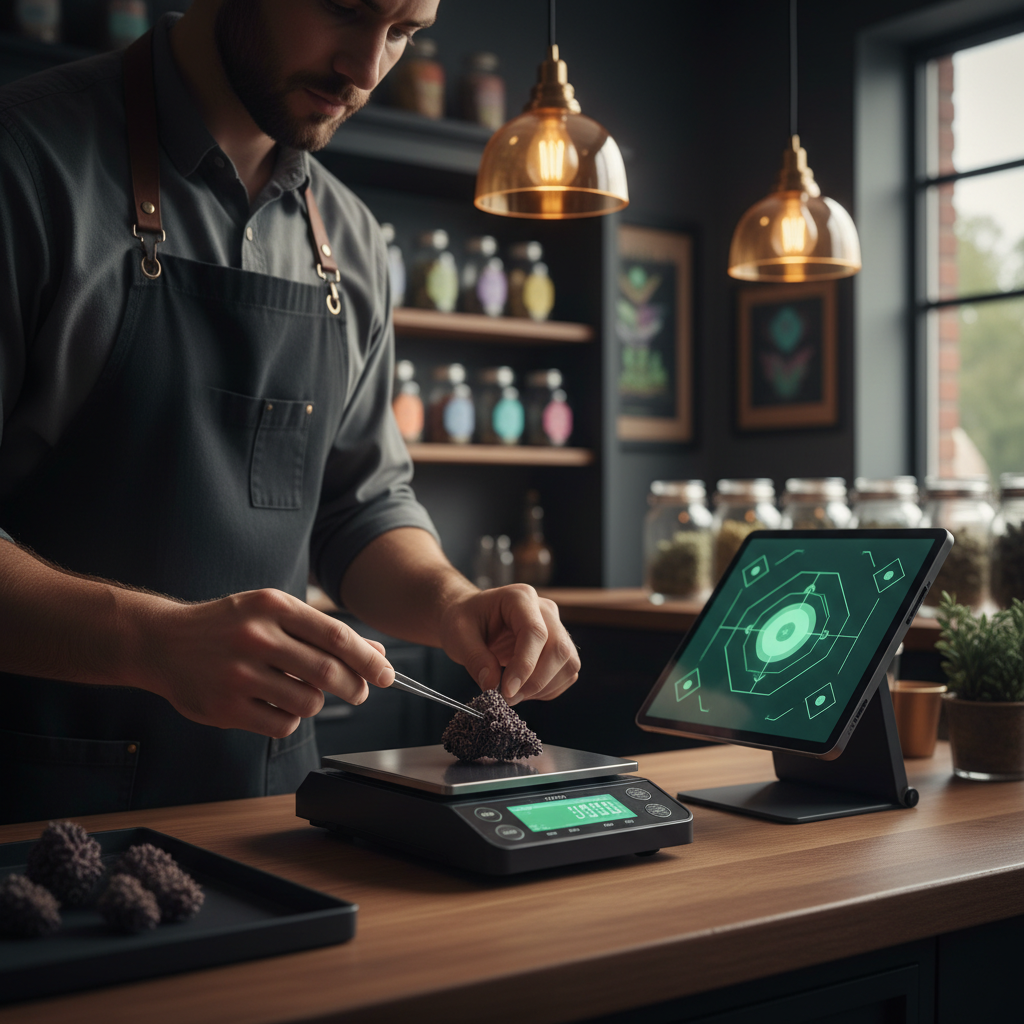A budtender in a dark apron weighs cannabis flower on a precision Bluetooth scale beside a tablet POS glowing with a jade-green interface, in a warm modern dispensary
