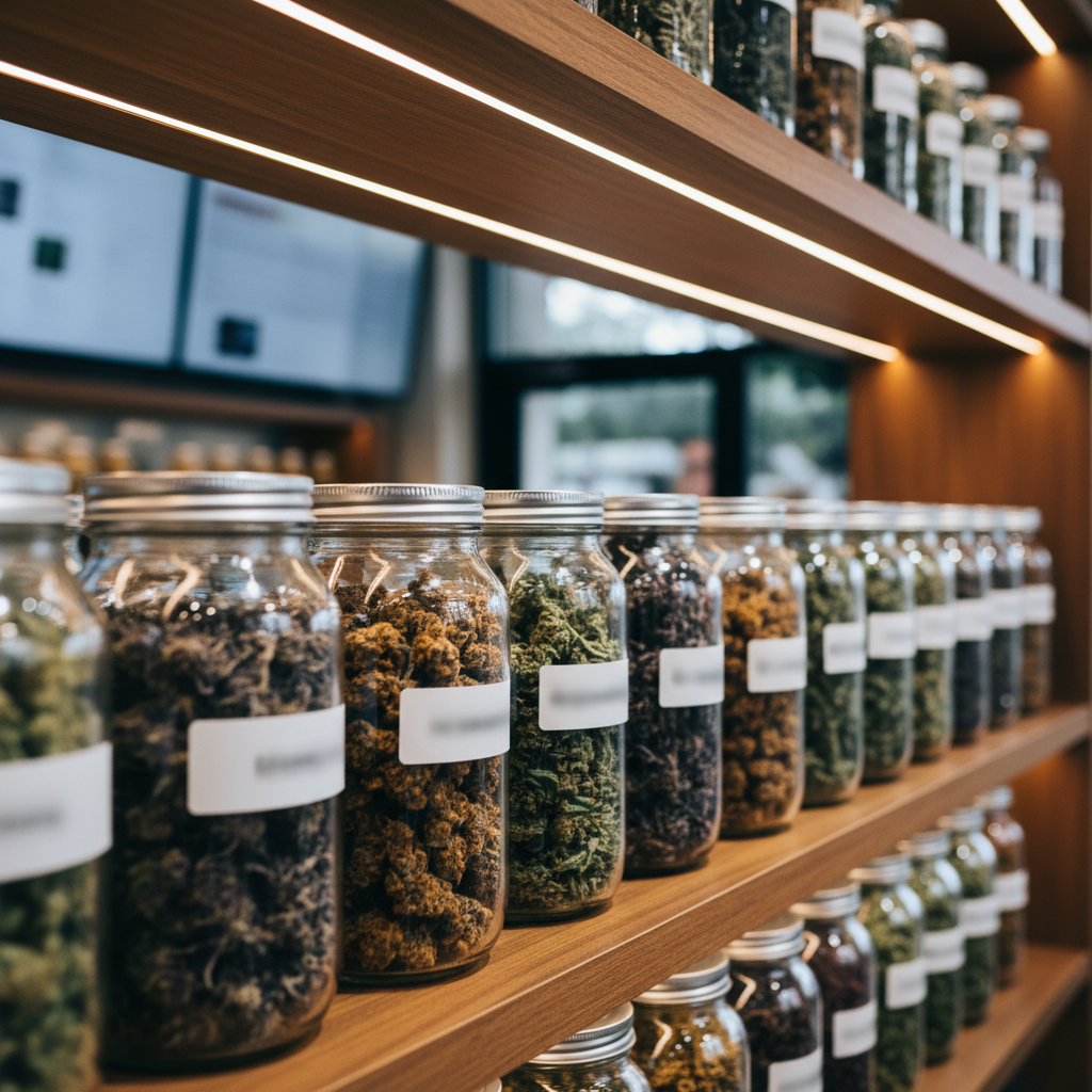 Rows of glass jars filled with dried cannabis flower on warm wooden shelves in a modern dispensary, each with a simple white label, lit by a soft overhead spotlight