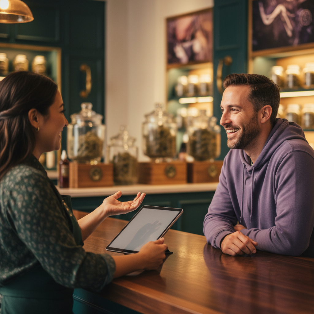 A smiling customer and a friendly budtender mid-conversation across a wooden counter in a warm dispensary, the budtender holding a tablet