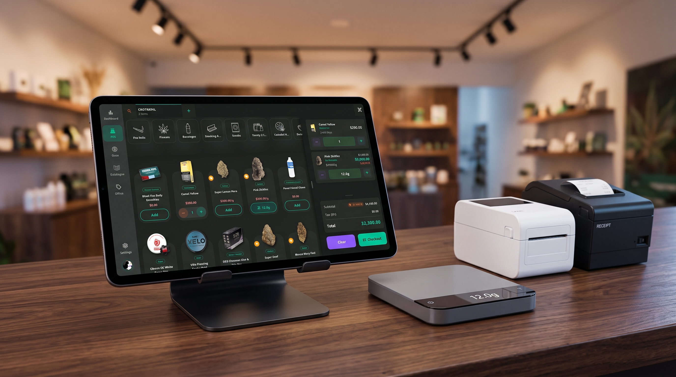 A dispensary checkout stack on a wooden counter: a tablet running the Budy POS on a stand, a precision Bluetooth scale reading 12.0 grams, a thermal label printer and a receipt printer
