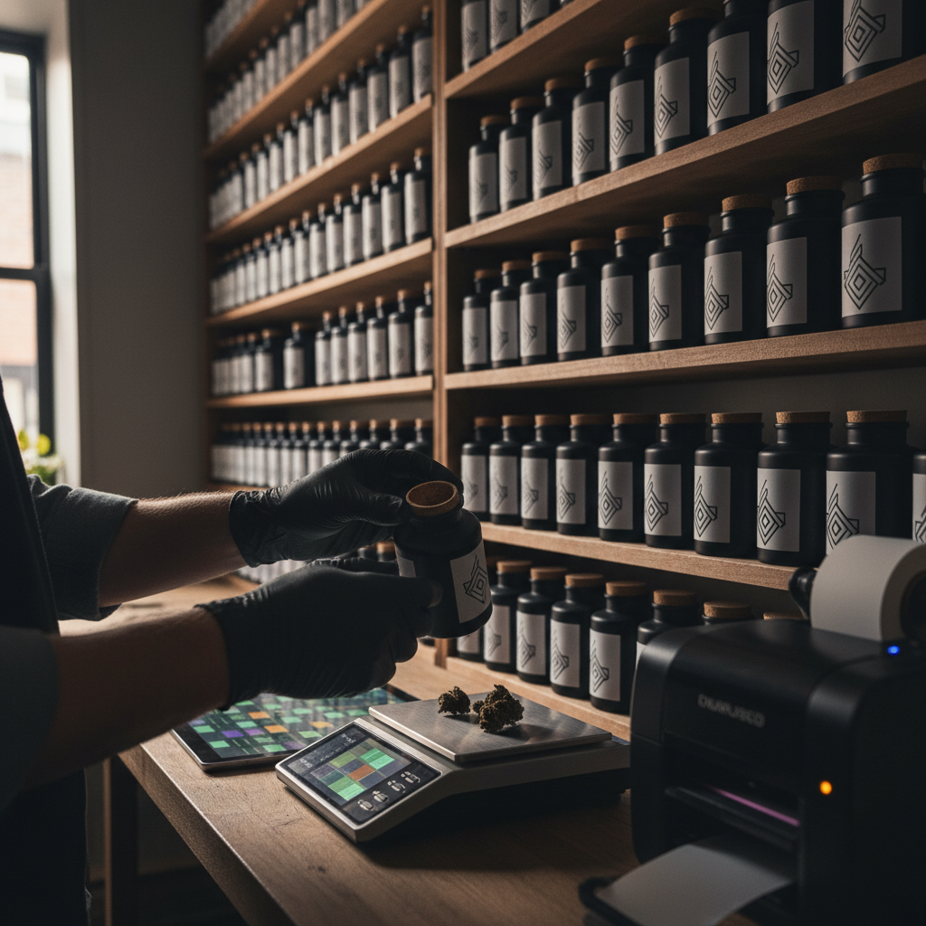 A dispensary back room with shelves of matte black cannabis jars, gloved hands weighing flower on a precision scale next to a tablet showing an abstract inventory grid