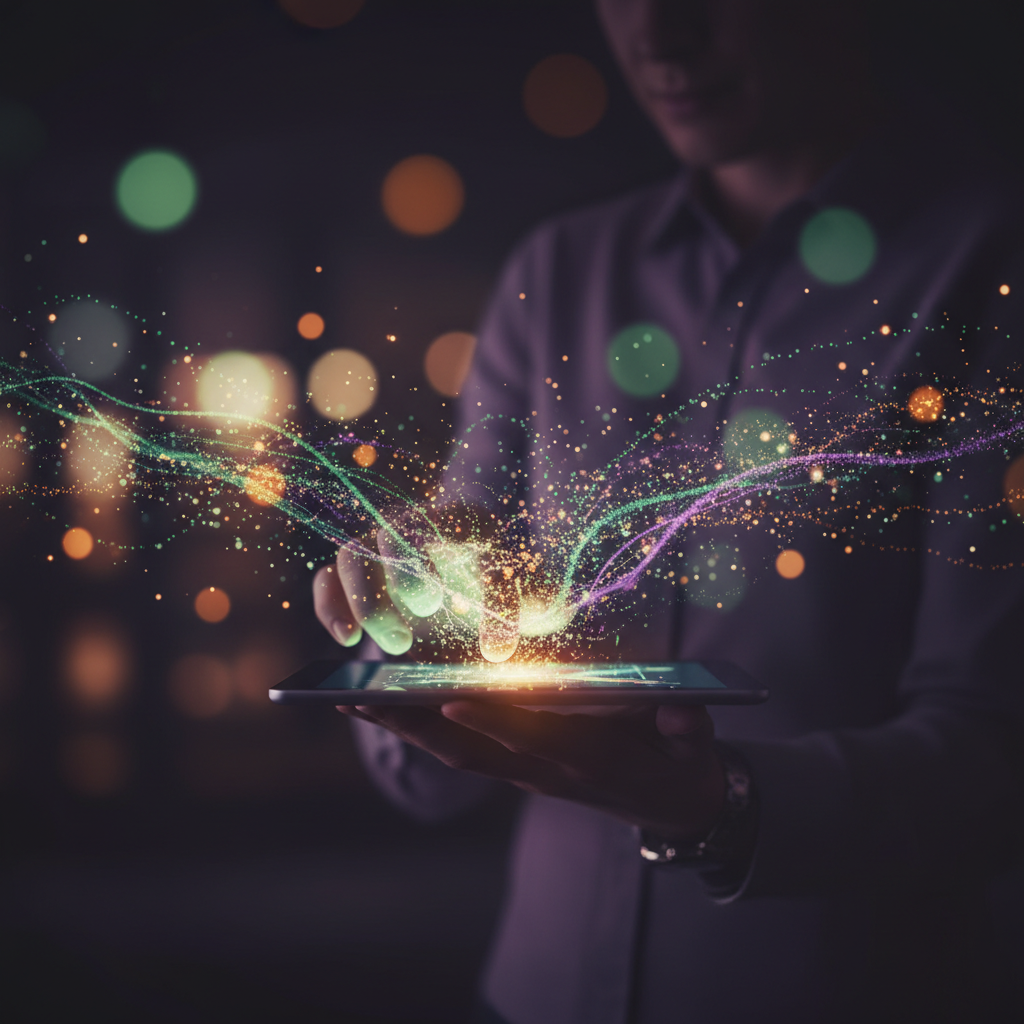Soft particles of coloured light flow out of a tablet held in a hand, evoking AI assistance and automation