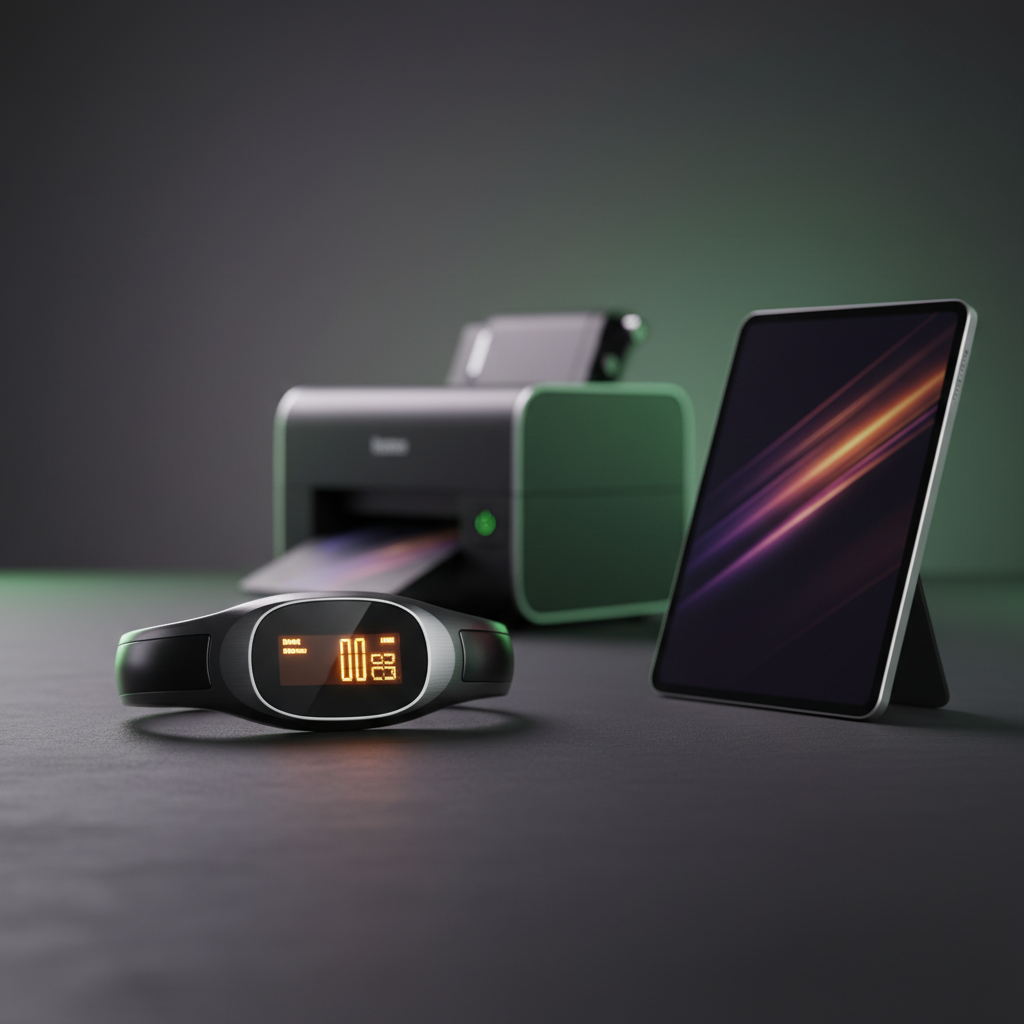 A Bluetooth precision scale with an orange LCD sits beside a tablet and a small thermal label printer on a dark matte surface