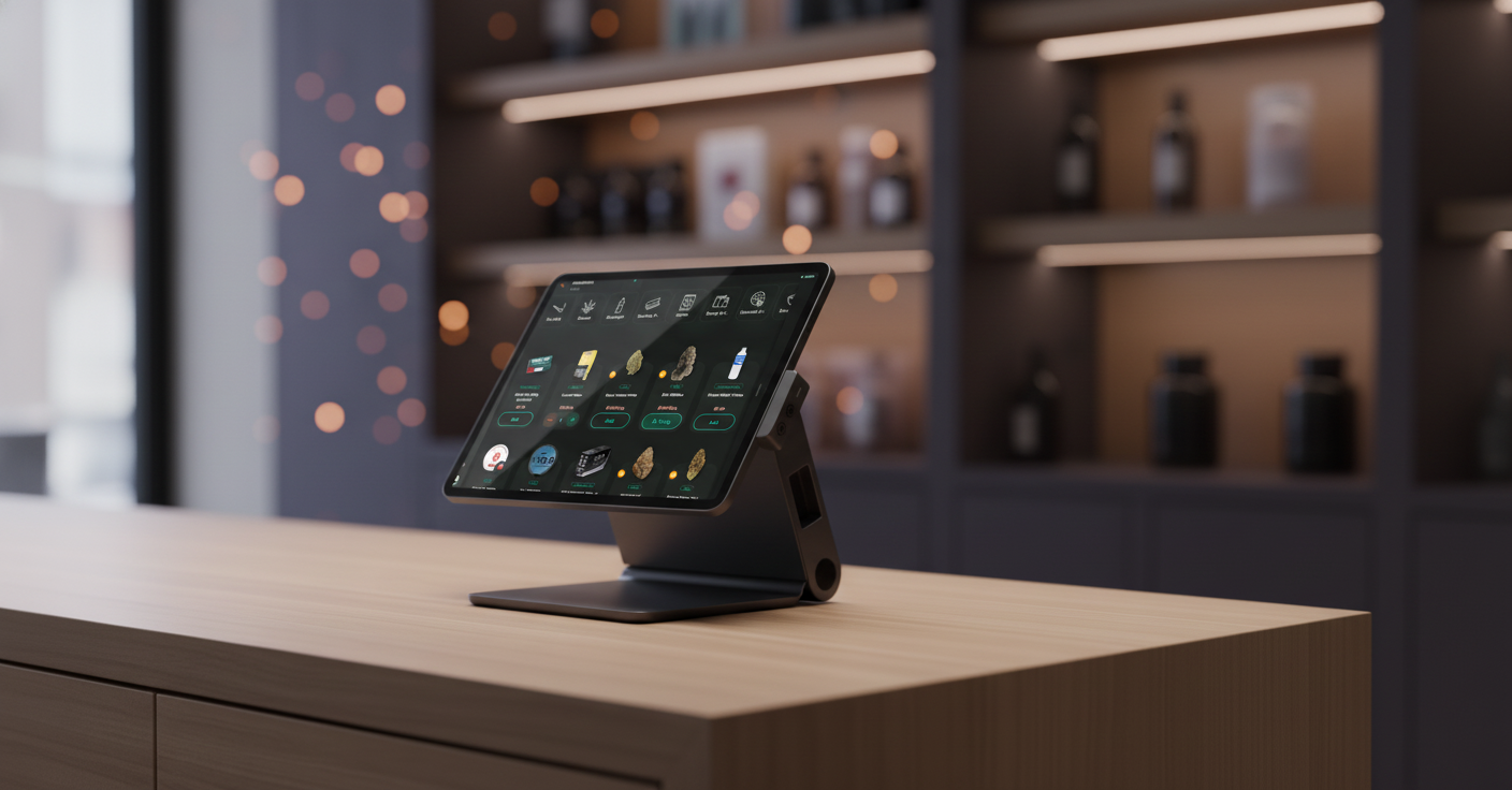A modern tablet POS system on a wooden counter in an upscale specialty retail store, glowing softly with jade-green UI accents