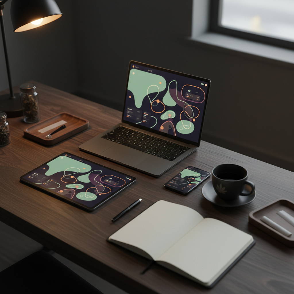 A dispensary back office with a tablet, laptop, and phone on a dark walnut desk showing dashboards, softly lit by warm lamp and jade-green screen glow