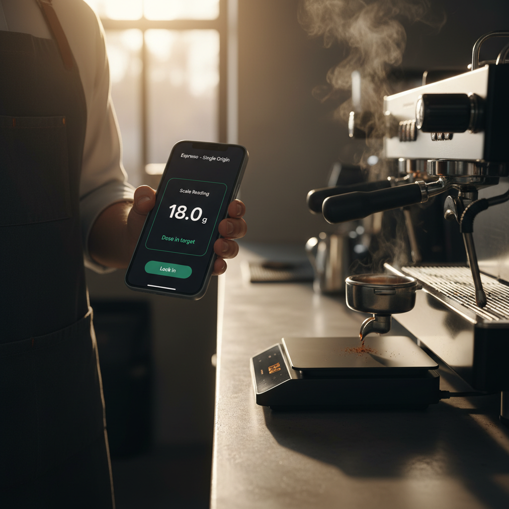 A barista holds a phone showing an espresso dose screen with '18.0 g' live from the scale, next to an espresso machine with a scale under the portafilter
