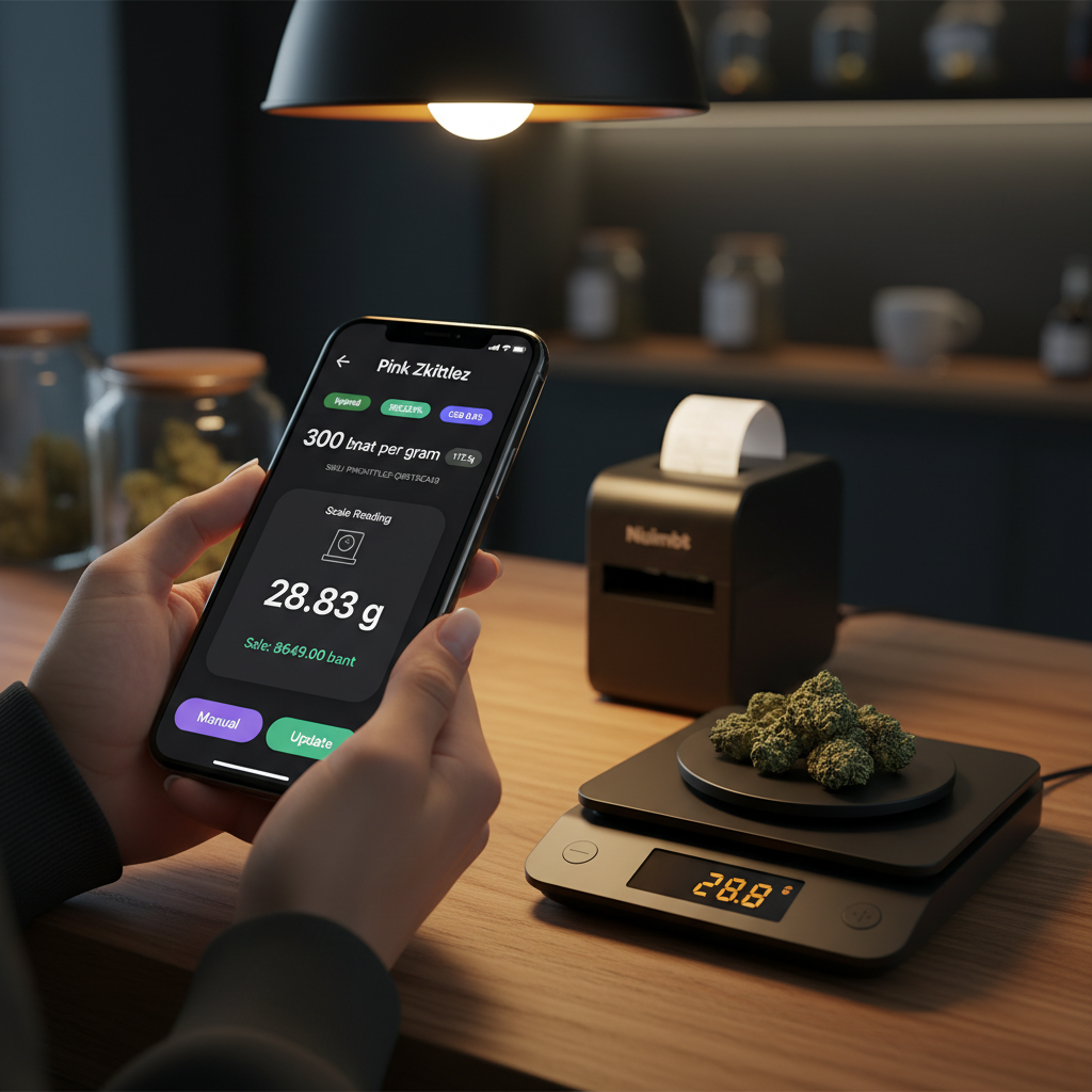 A hand holding a phone running the Budy POS on a dispensary counter, next to a black Bluetooth scale weighing cannabis flower and a Niimbot label printer mid-print