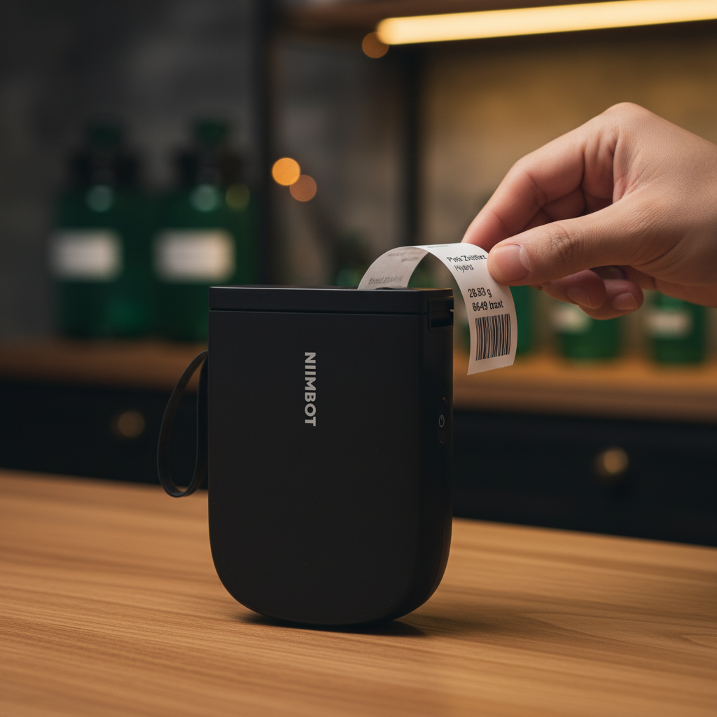 A Niimbot D11 mini thermal label printer dispensing a finished label reading 'Pink Zkittlez · 28.83 g · 8649 baht' with a barcode, a hand reaching to peel it off