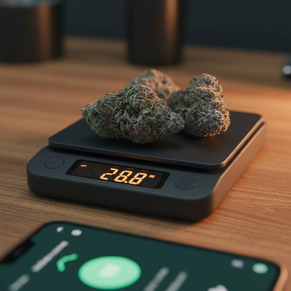 A black Bluetooth precision scale showing 28.8 grams with cannabis flower on the platform, a phone screen glowing emerald in the blurred foreground
