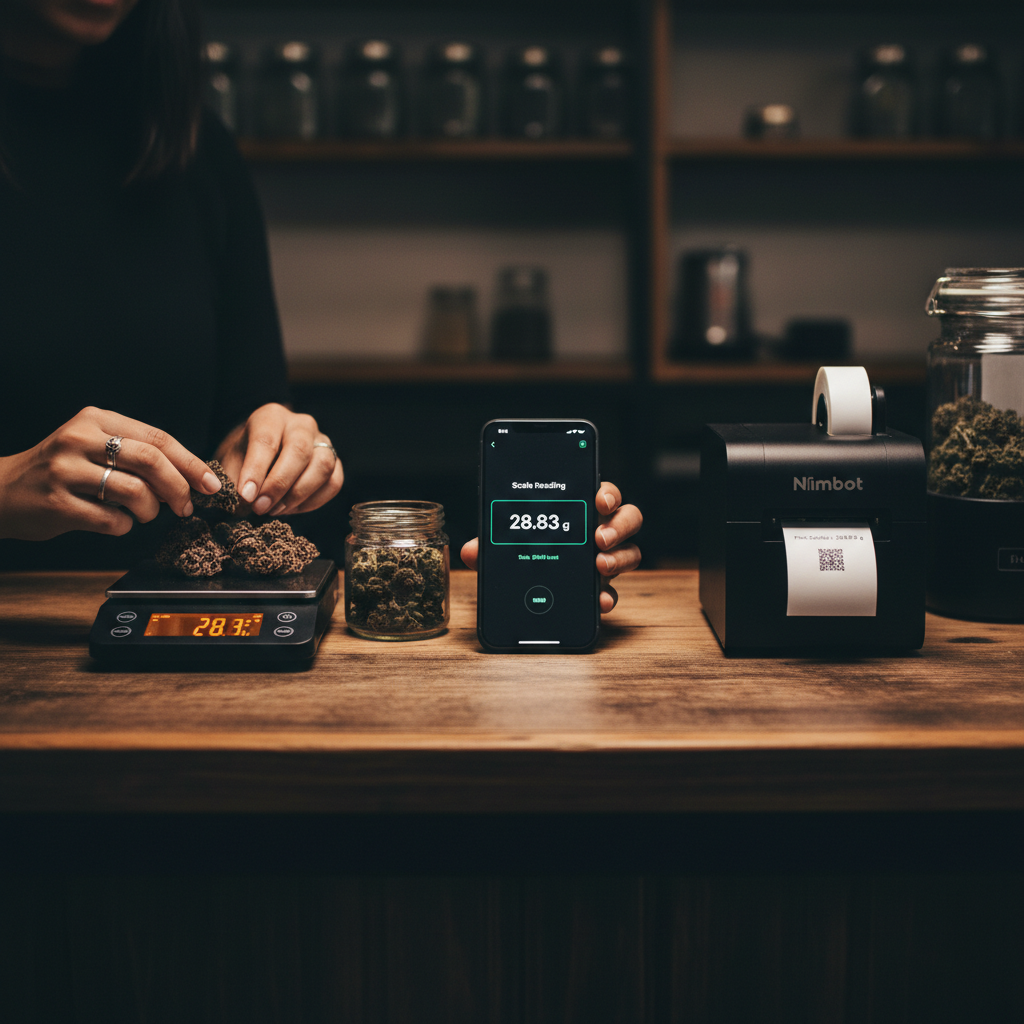 A long wooden counter showing a scale with cannabis flower on the left, a phone with the Scale Reading in the middle, and a Niimbot printer dispensing a label on the right