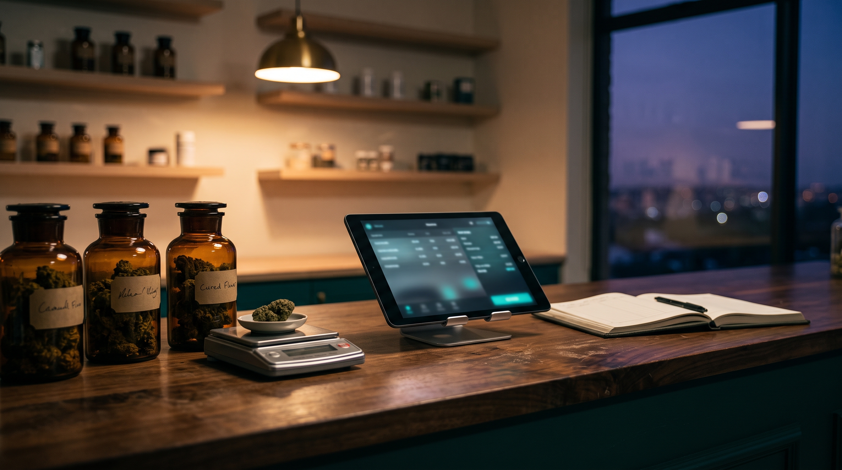 A cannabis club counter at dusk: amber glass jars of cured flower, a digital bench scale holding a single bud, a tablet running the Budy point of sale, and an open member register beside a pen, with city lights through the window