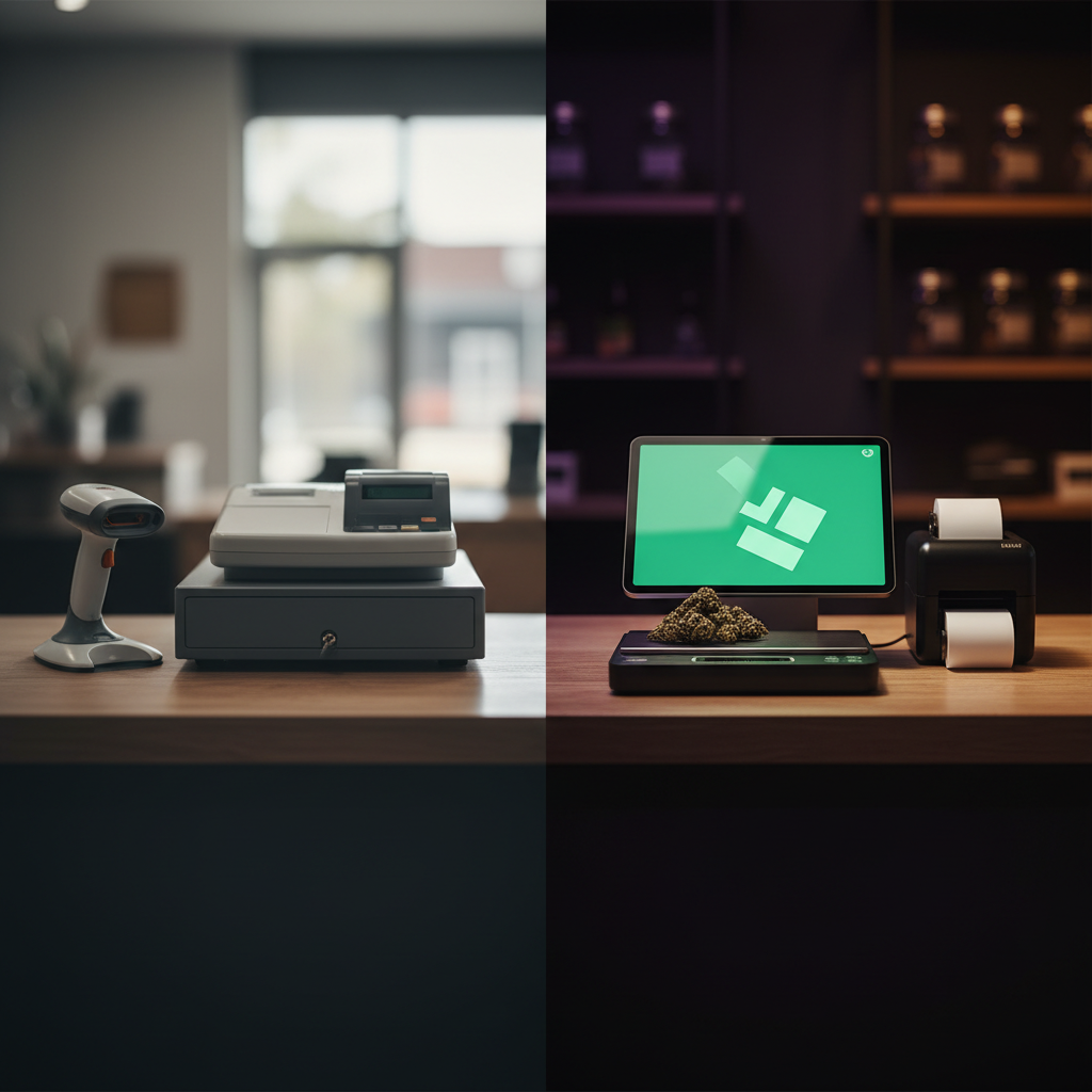 Split composition showing a generic retail counter with a plain cash register on one side and a specialty cannabis workstation with scale, tablet POS, and label printer on the other