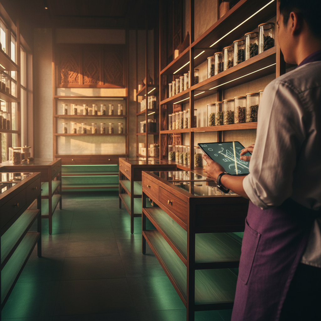 Interior of a modern boutique Thai cannabis dispensary with warm wooden shelves and a budtender holding a tablet POS