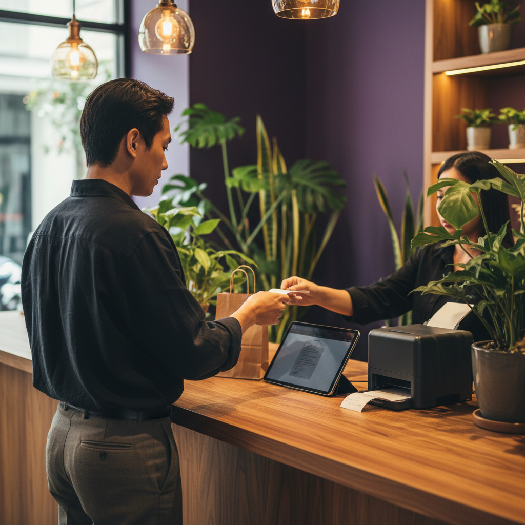A budtender hands a small paper bag and receipt across a dispensary counter to a customer, with a tablet POS and label printer visible on the counter