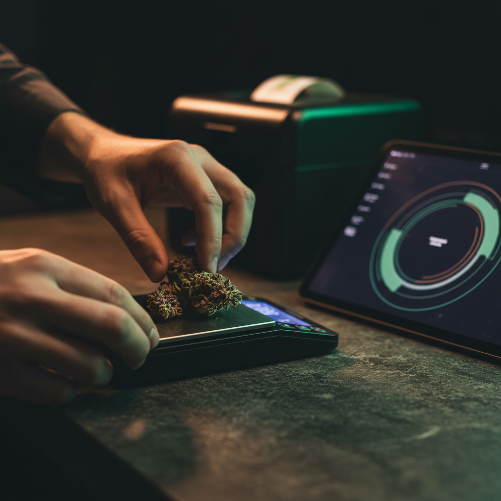 Hands weighing dried cannabis flower on a precision Bluetooth scale, with a tablet POS and a thermal label printer on the counter