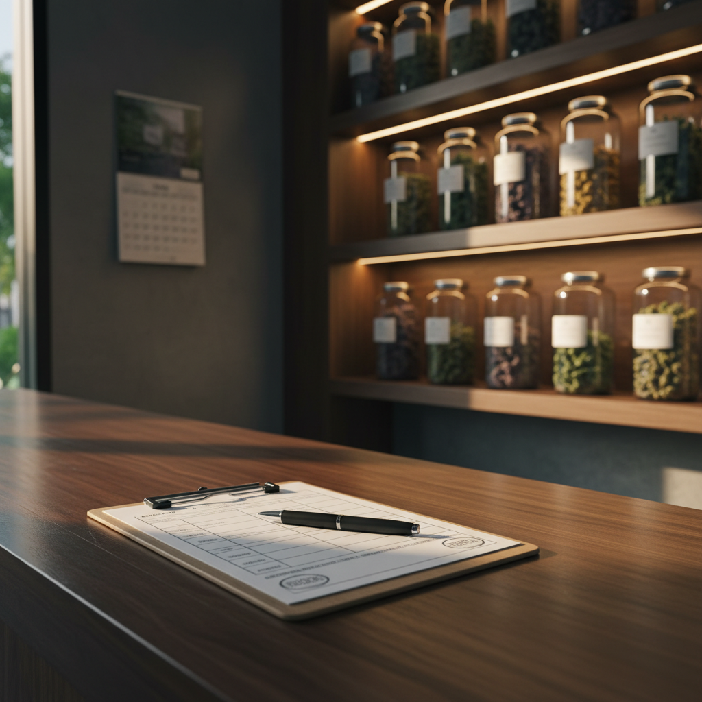 คลิปบอร์ดเอกสารปฏิบัติตามกฎและปากกาดำบนเคาน์เตอร์ไม้หลังร้านกัญชาไทย มีชั้นไม้ส่องแสงจัดแสดงโหลแก้วสีอำพันบรรจุดอกกัญชาในพื้นหลังเบลอนุ่มนวล