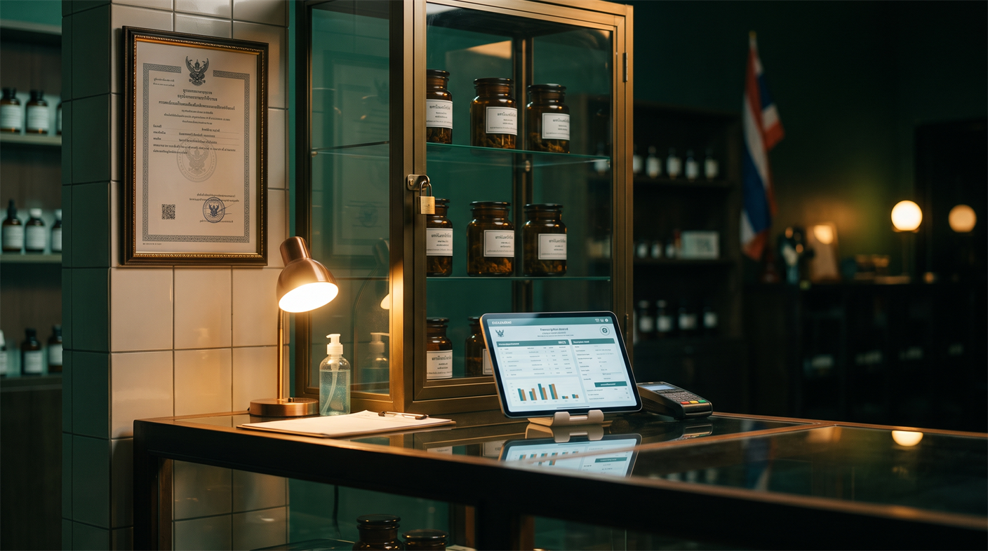 Un comptoir de dispensaire thaïlandais au crépuscule avec un certificat de licence encadré au mur, une tablette affichant un dossier d'ordonnance numérique et des bocaux de cannabis scellés derrière une vitrine