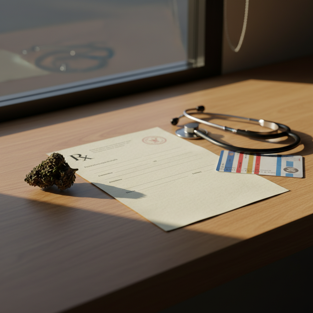 เอกสารใบสั่งยากัญชาทางการแพทย์วางบนเคาน์เตอร์ไม้ของร้านกัญชาในไทย ข้าง ๆ มีดอกกัญชาเล็ก ๆ หูฟังแพทย์ และบัตรประชาชนไทย ในแสงบ่ายอบอุ่น