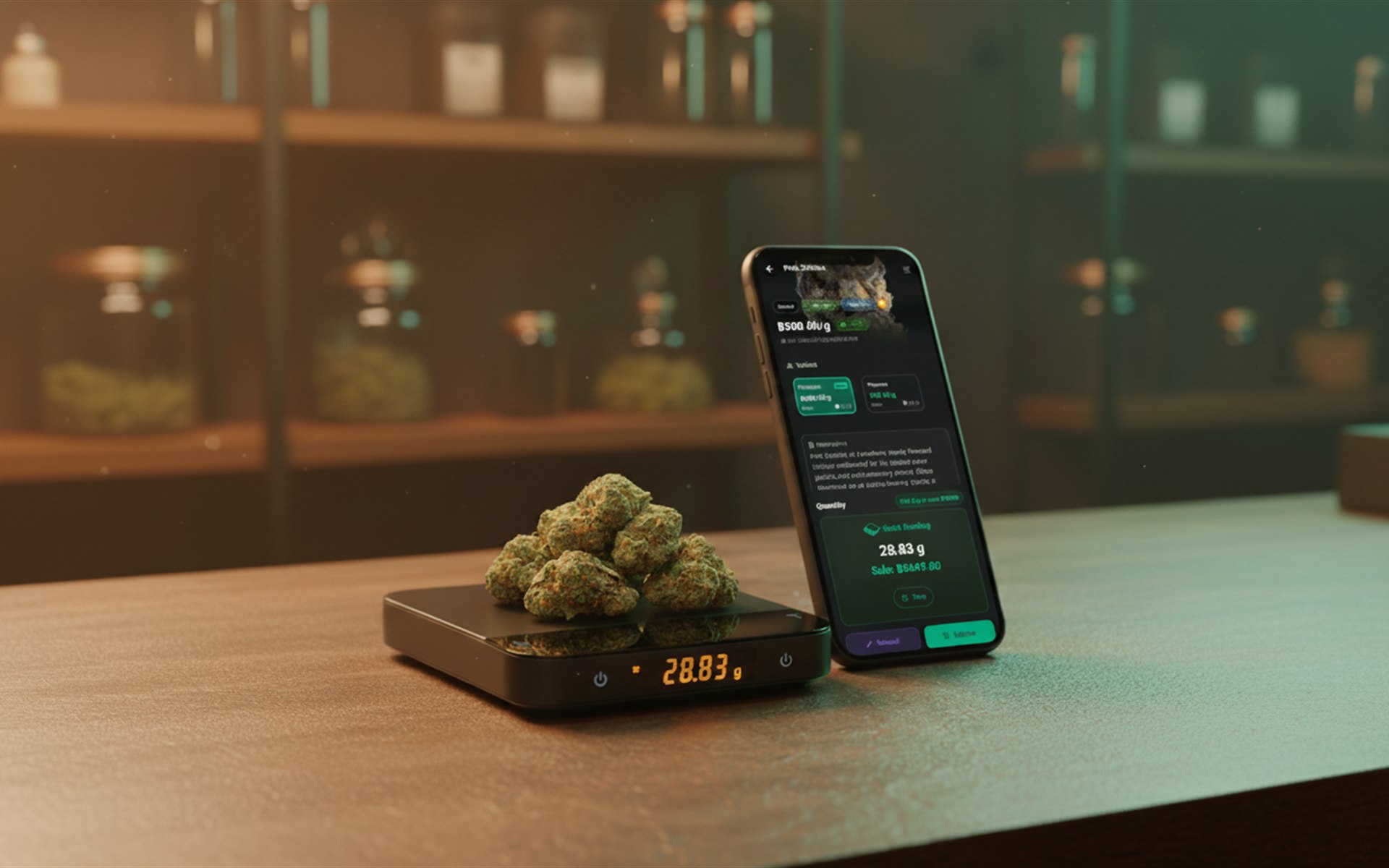 Cannabis flower on an Acaia Lunar scale next to a Budy POS tablet