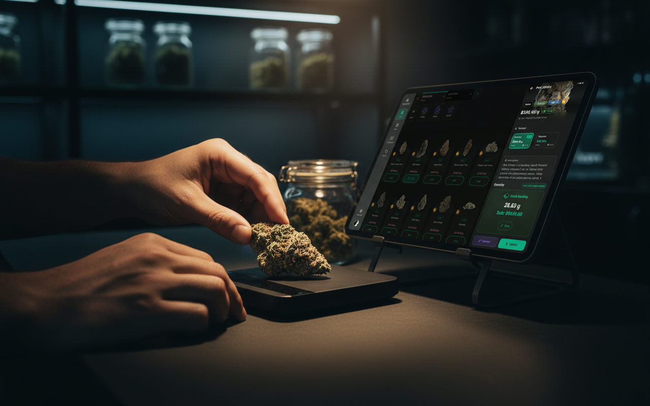 Budtender weighing a cannabis bud on an Acaia Lunar scale with Budy POS displaying the 28.83 g scale reading and line price