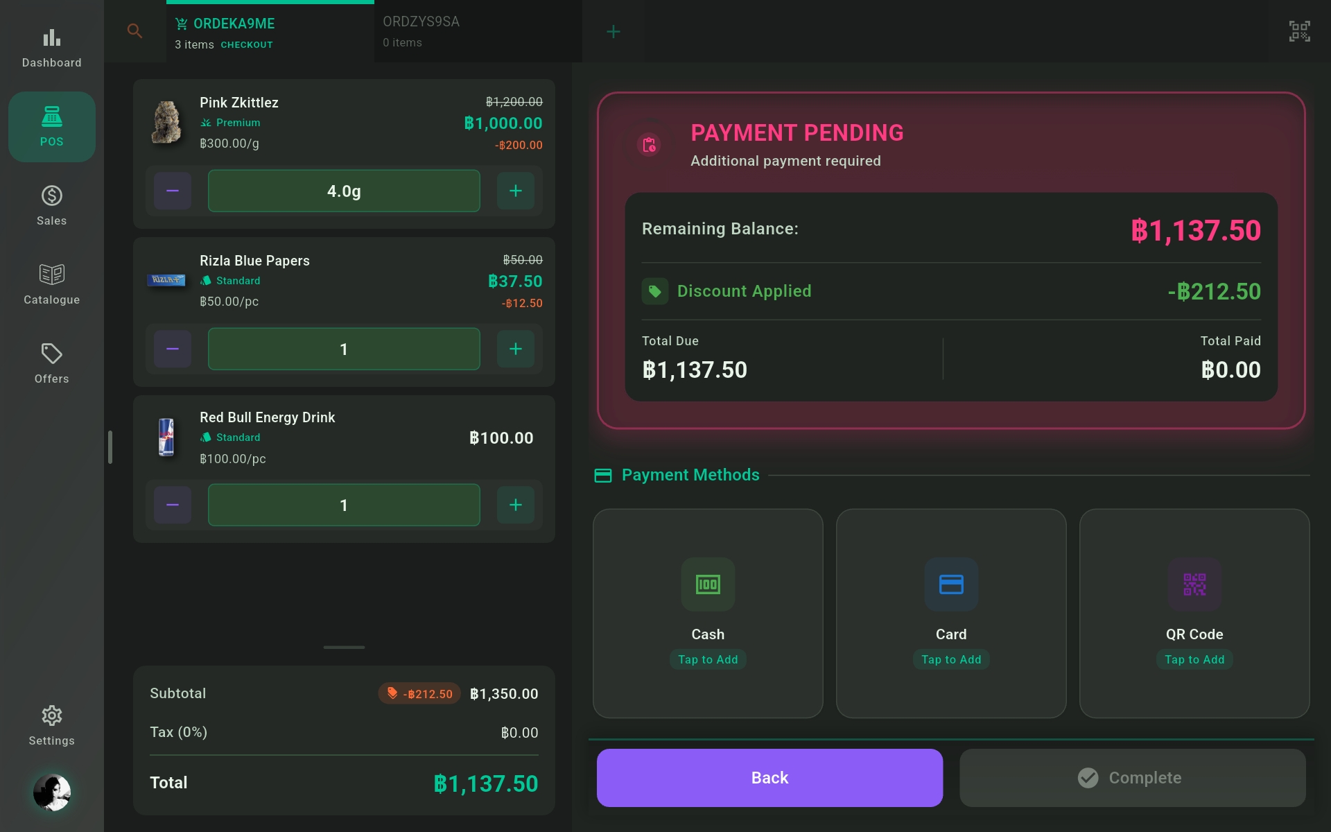 A tablet POS checkout screen showing a cart with weighed cannabis products, quantities in grams, and prices in a modern dispensary counter setting
