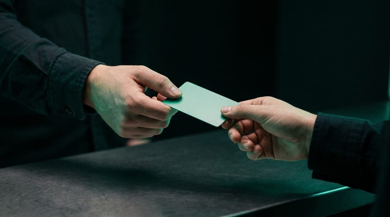 A blank card passing between two hands across a dark counter, lit by the jade glow of a screen out of frame.