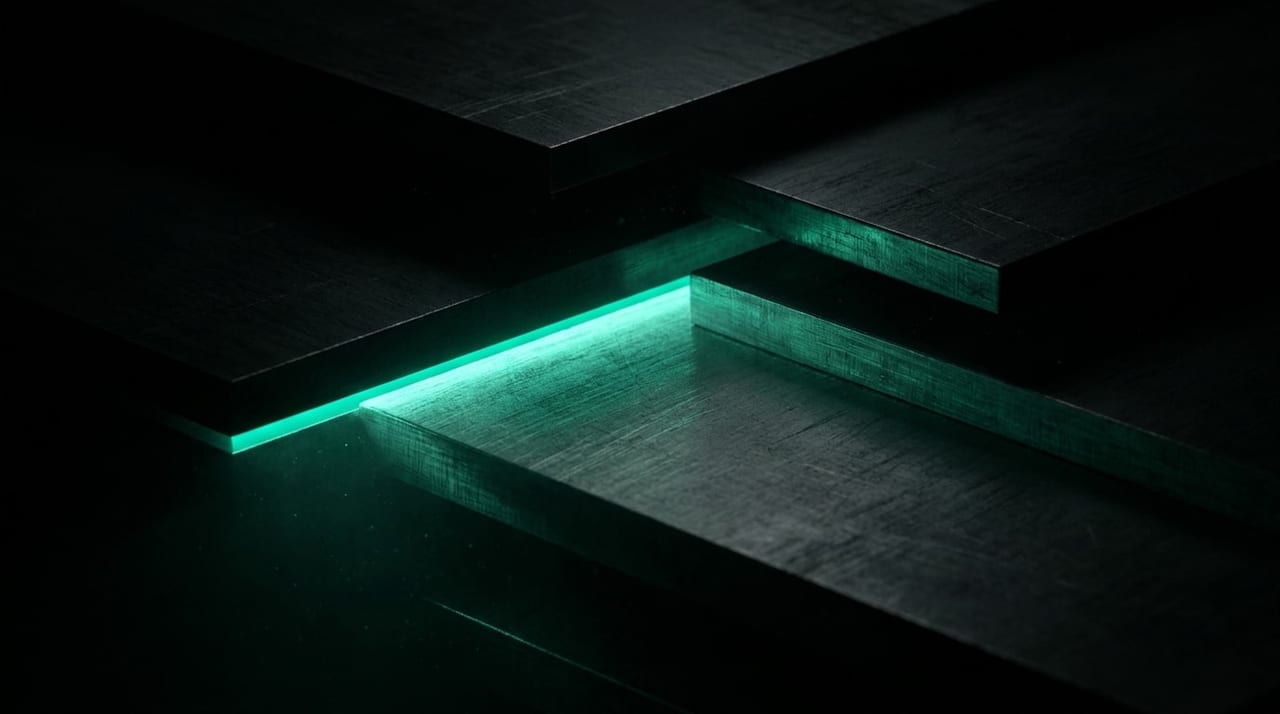 Layered dark steel plates with a single blade of jade light escaping between them.