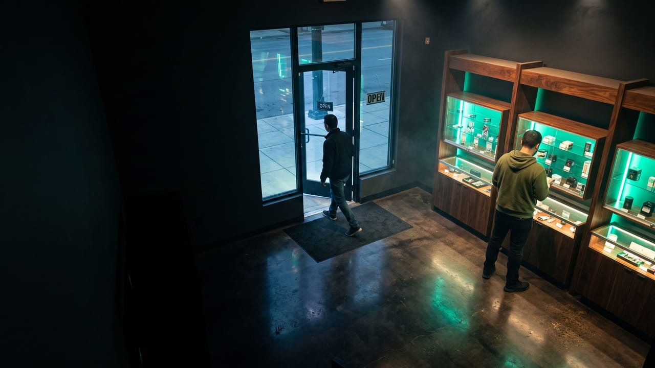 A dark dispensary at night seen from a high corner camera: one customer walking in through the glass entrance door onto the doormat, another browsing jade-lit display cases on the right.