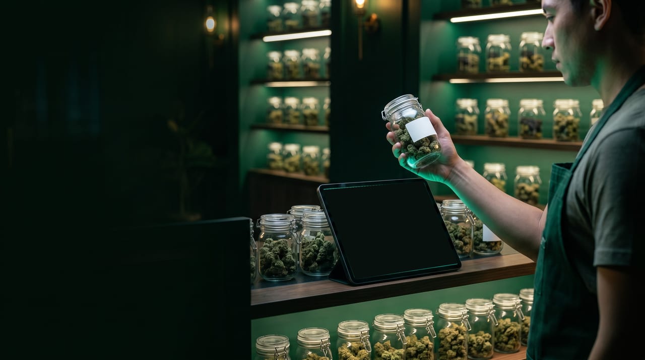 A clerk at a dispensary shelf at night lifts a labelled jar of flower, while a tablet in a folio stand beside the jars runs Budy’s live inventory, counted in grams