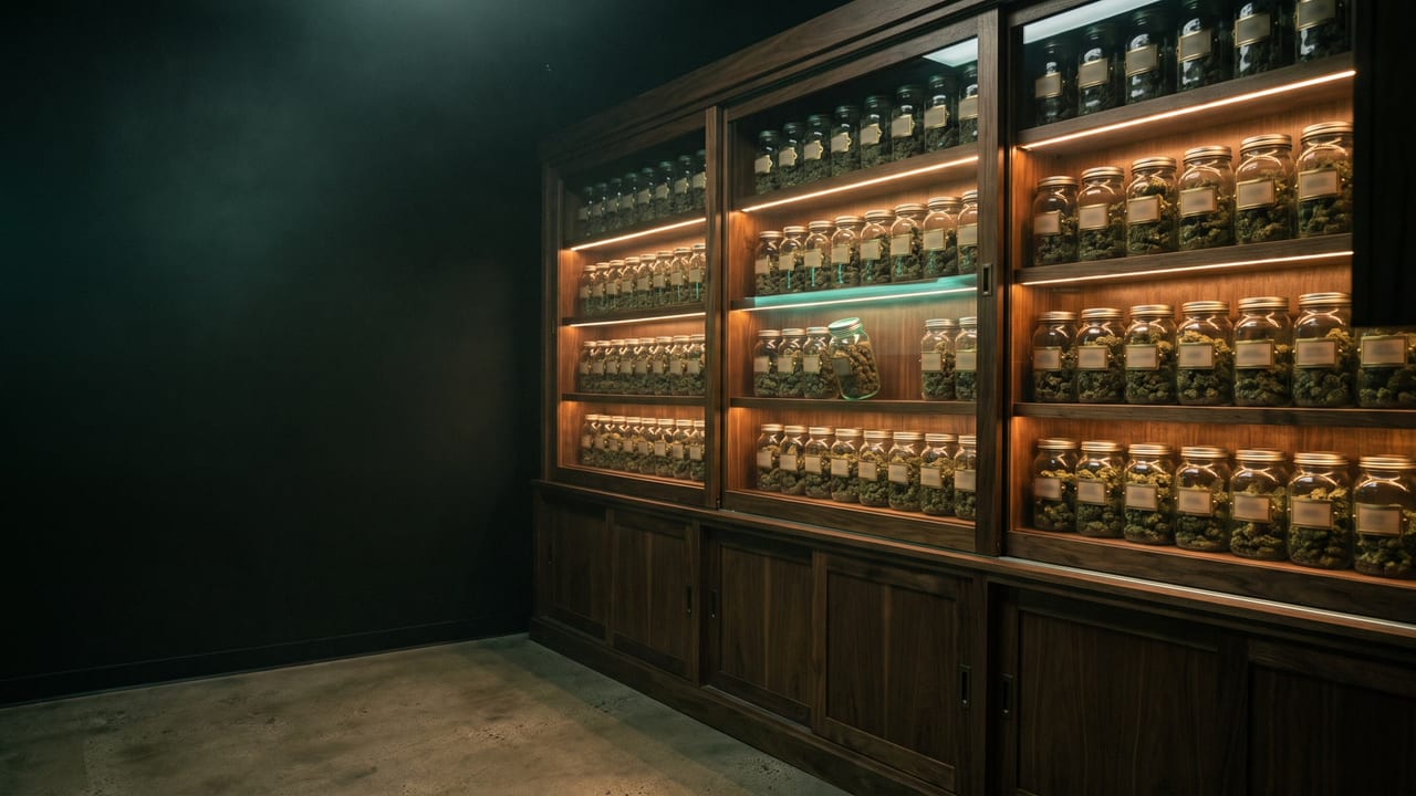 A dark dispensary wall of glass jars filled with cannabis flower, one jar pulled forward under a soft jade light.