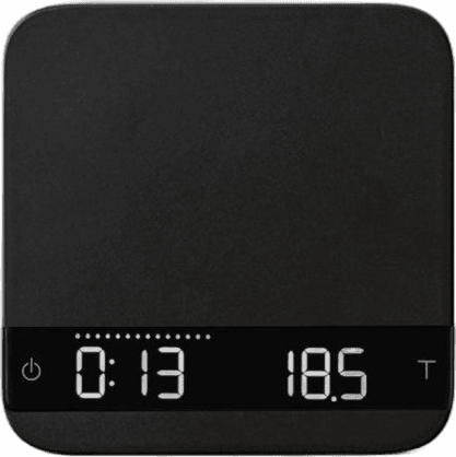 Acaia Lunar in black with timer and weight on the LED display