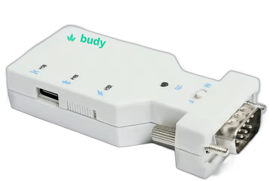 The Budy Serial Bridge — a compact white RS232-to-Bluetooth adapter with a DB9 connector, USB-C port and status lights