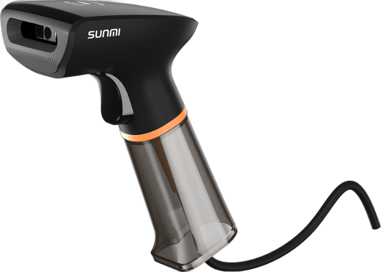 The scanner tilted forward with its USB cable