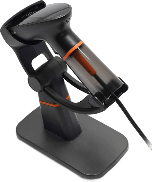 Scanner docked in the optional stand for hands-free reading