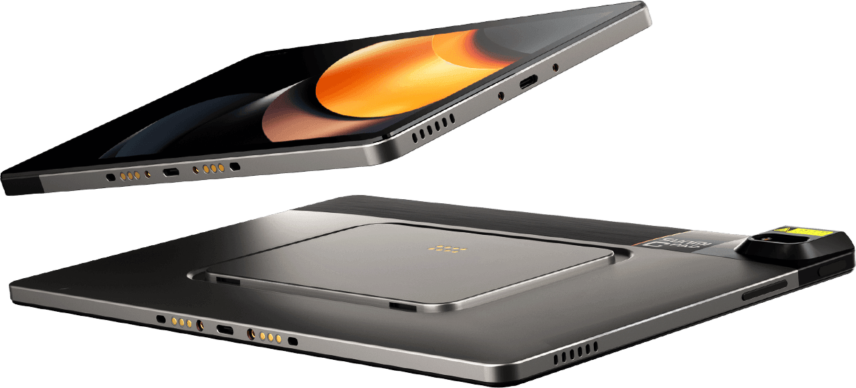 CPad front and back, showing the docking plate and optional scanner module