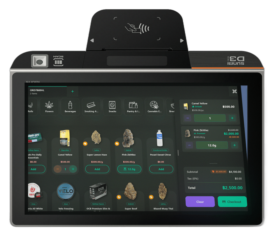 SUNMI D3 MINI seen from the front running the Budy sale screen, with the contactless reader raised above the printer slot