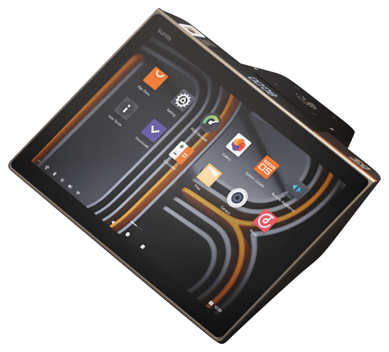 SUNMI D3 MINI at an angle — a compact 10.1″ terminal with the scanner window and printer in one body