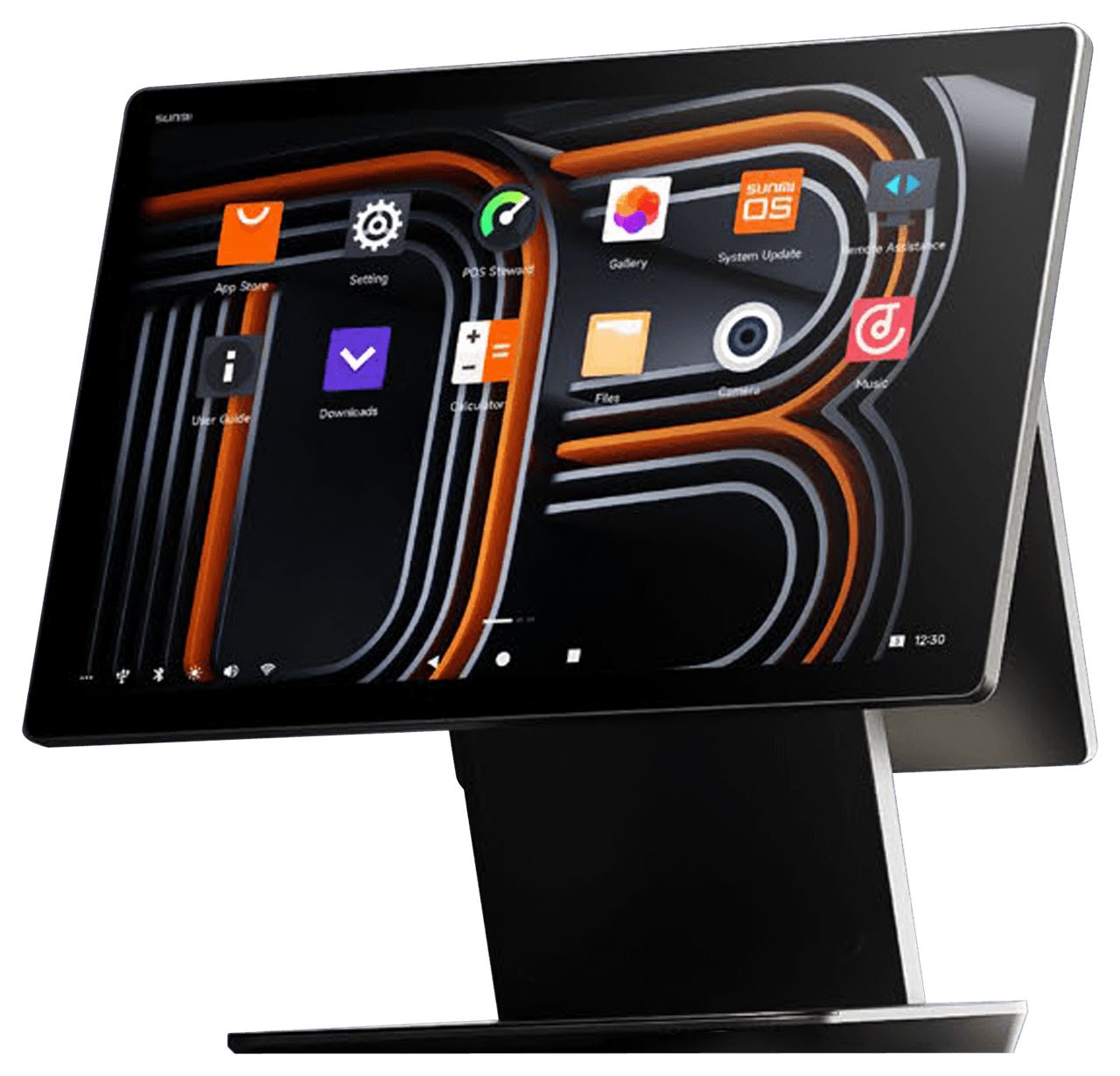 SUNMI D3 PRO at an angle — a thin-bezel 15.6″ screen on a slim aluminium stand