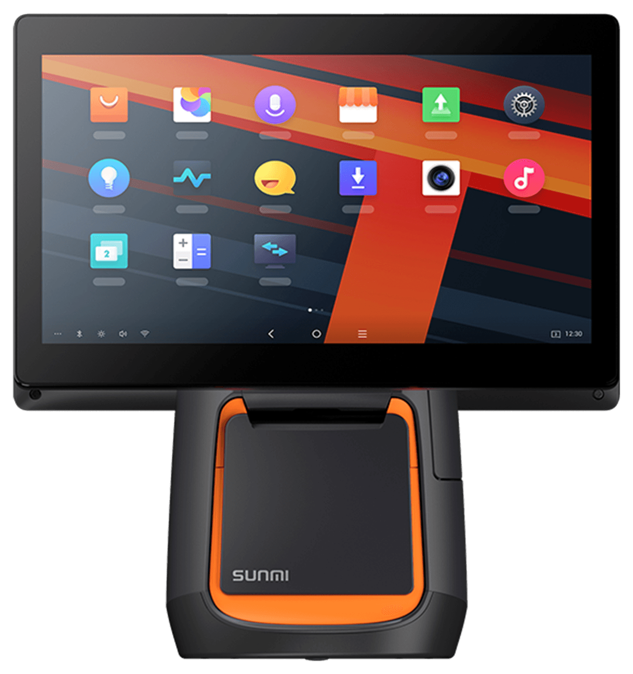 SUNMI T2s from the front — 15.6″ screen above the orange 80 mm printer bay