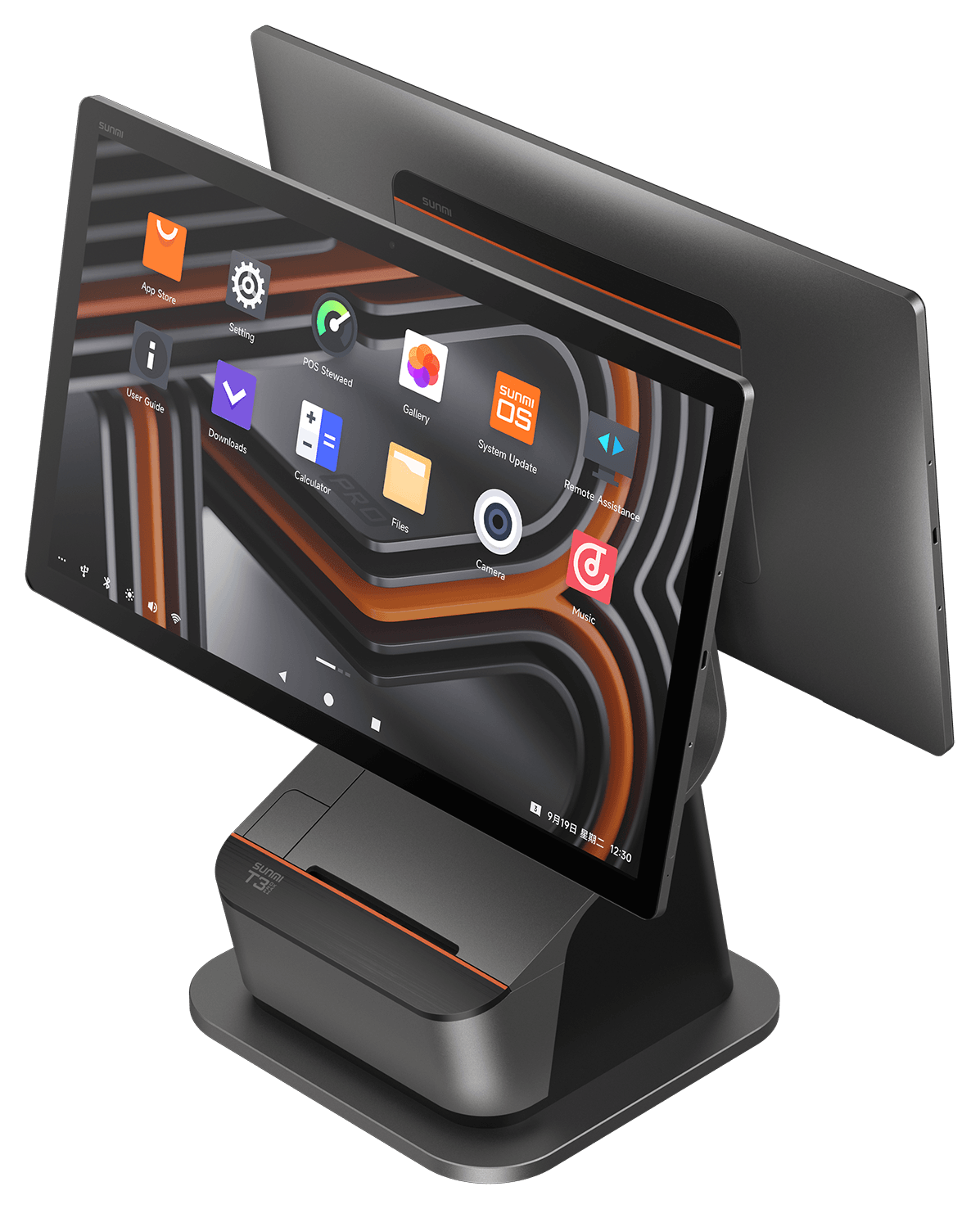 SUNMI T3 PRO MAX at an angle, showing the 80 mm printer built into the base