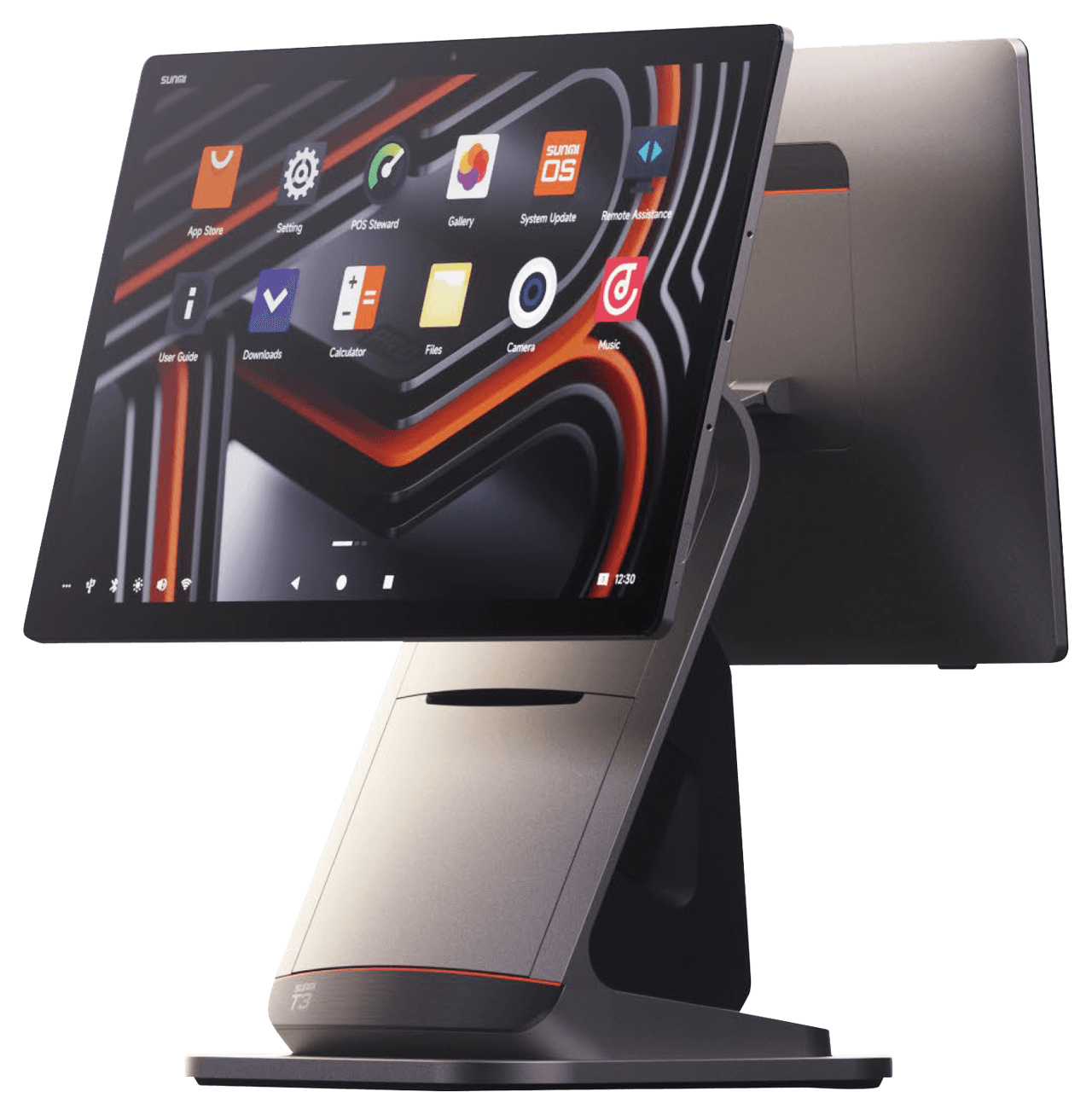 SUNMI T3 at an angle, showing the 15.6″ screen and the printer in the aluminium base