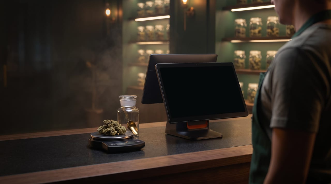 Par-dessus l’épaule d’un budtender : l’écran personnel de la caisse faisant tourner le point de vente Budy, à côté d’une balance avec des fleurs.