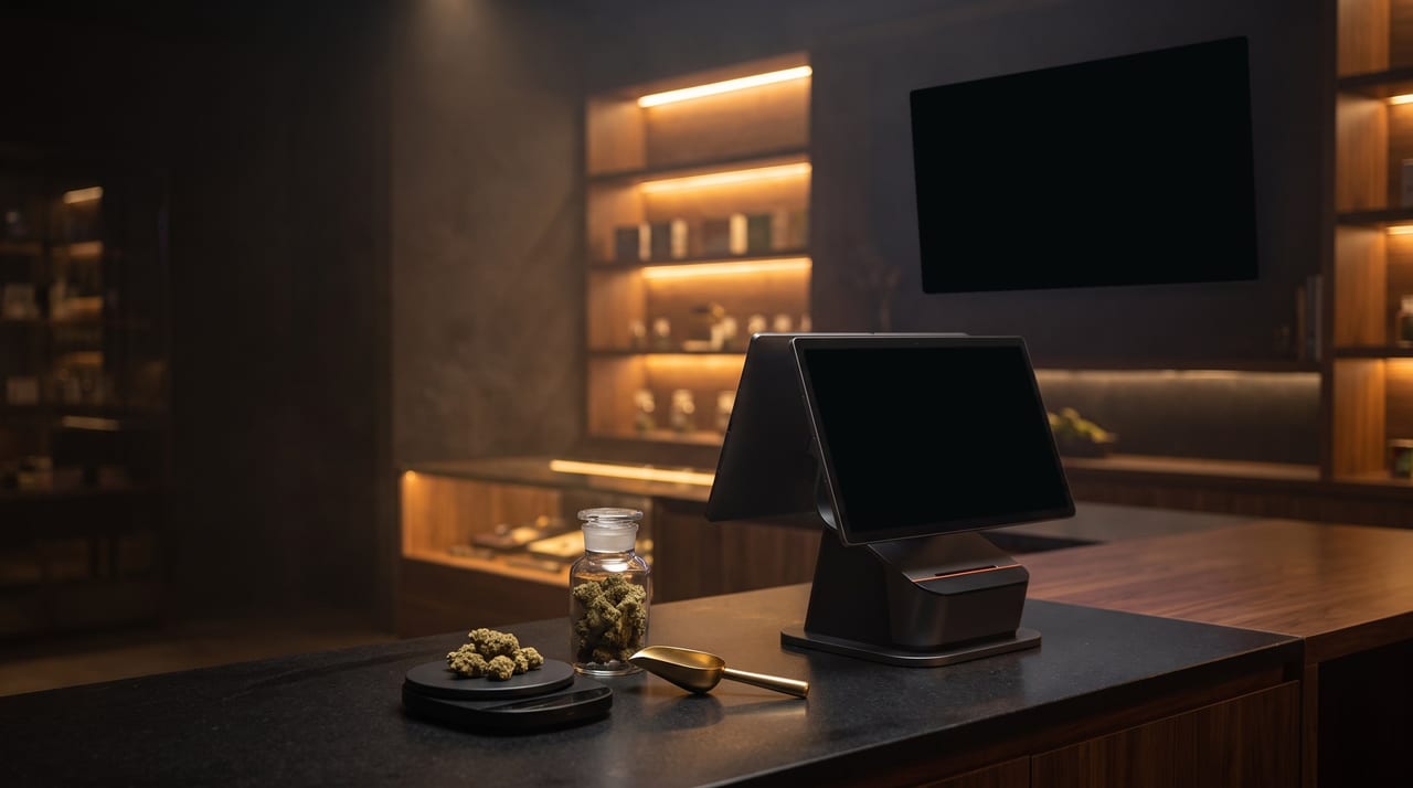 Un comptoir de dispensaire la nuit : une caisse à double écran avec son afficheur client allumé, une balance avec des fleurs à côté, et un écran de menu qui brille sur le mur.