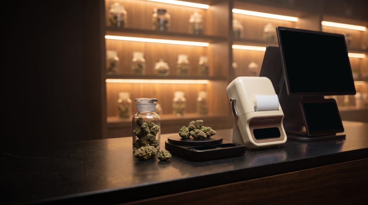 A dispensary counter at night: a label printer with a blank label in its slot beside a Budy POS terminal, cannabis flower on a Bluetooth scale, and a jar of flower on the stone counter.