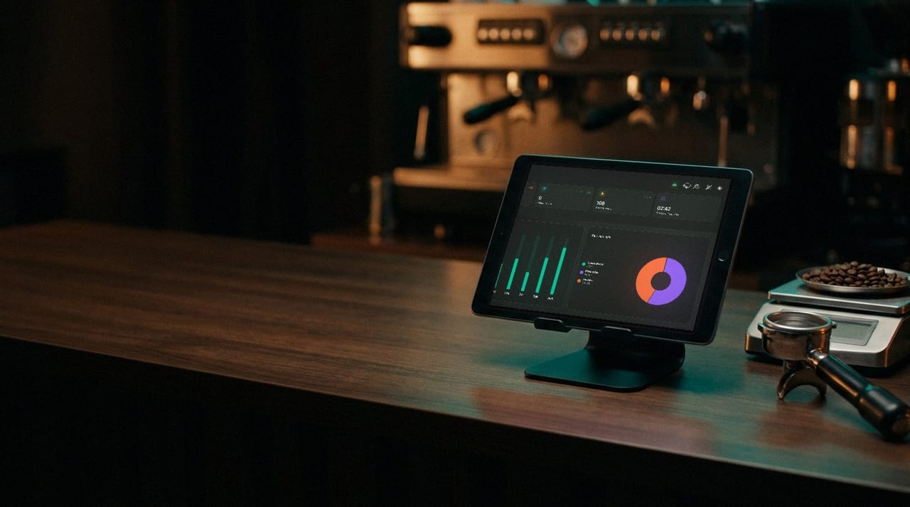 Une tablette Budy sur le comptoir d’un bar à espresso, affichant le tableau de bord des ventes du jour à côté d’une balance de comptoir et d’un porte-filtre.